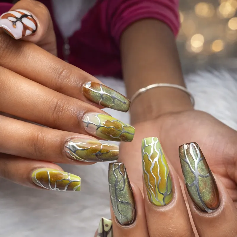 Acrylic, chrome, design, nail enhancements, vein, overlay, metallic, Y2K by Nails Unlimited in Sugar Land, TX