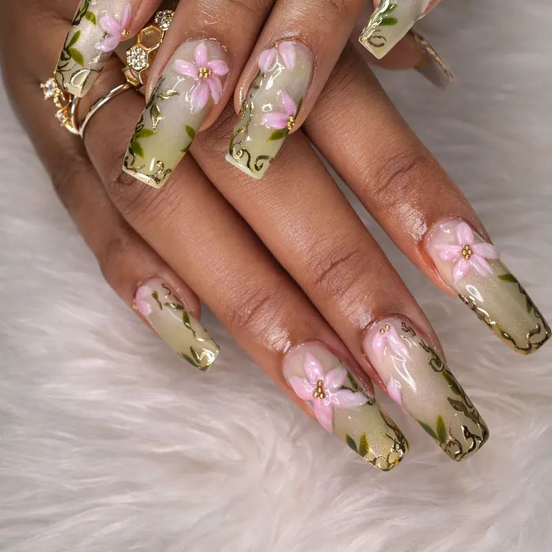 Nail enhancements, natural, builder gel, opaque, custom design, floral, 3D by Nails Unlimited in Sugar Land, TX