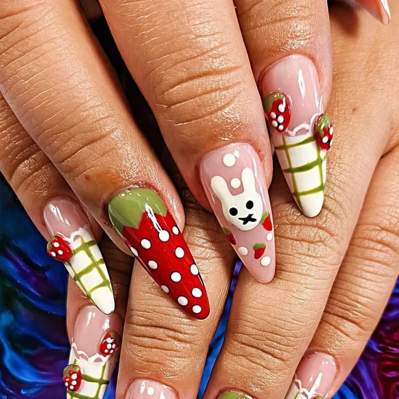 Gel, French, 3D, nail art, nail enhancements, design, strawberry by Nails Unlimited in Sugar Land, TX