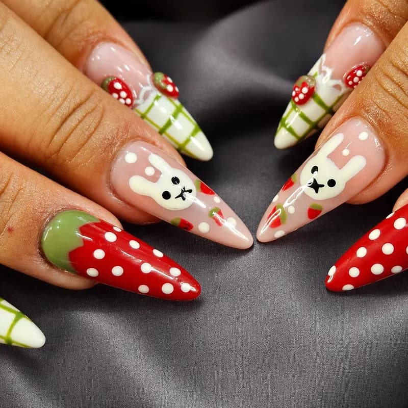 Gel, French, 3D, nail art, nail enhancements, design, strawberry by Nails Unlimited in Sugar Land, TX