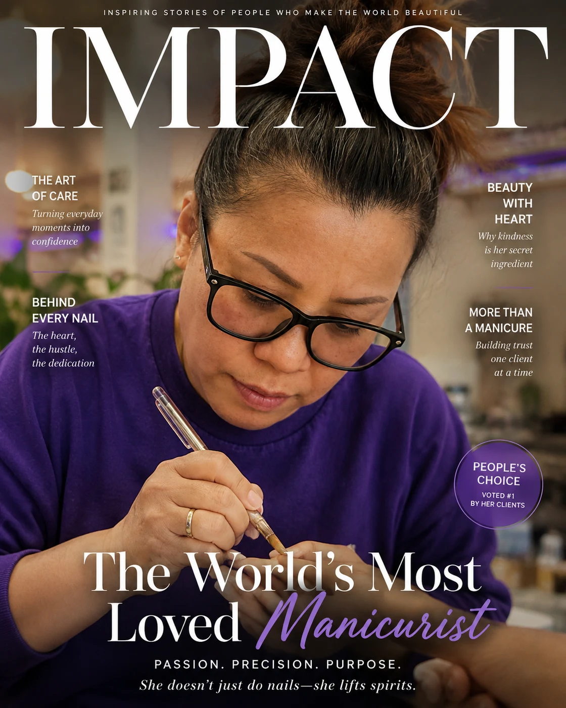 Julie, the nail technician behind Nails Unlimited, hand-painting a client's nails on a magazine-style cover celebrating her as “The World’s Most Loved Manicurist”